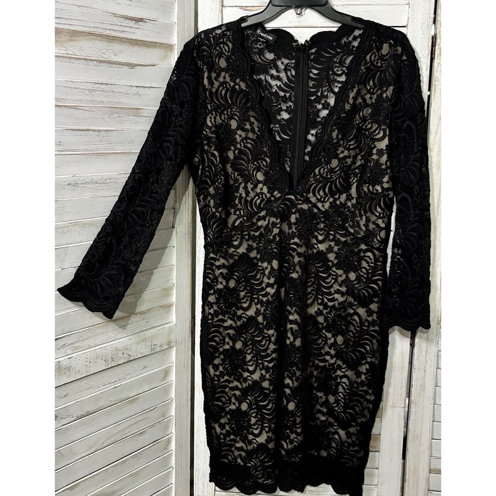 Y2K Bebe XL Blk ivory lace overlay deep vneck scallop top dress Evening Siren - Picture 8 of 13